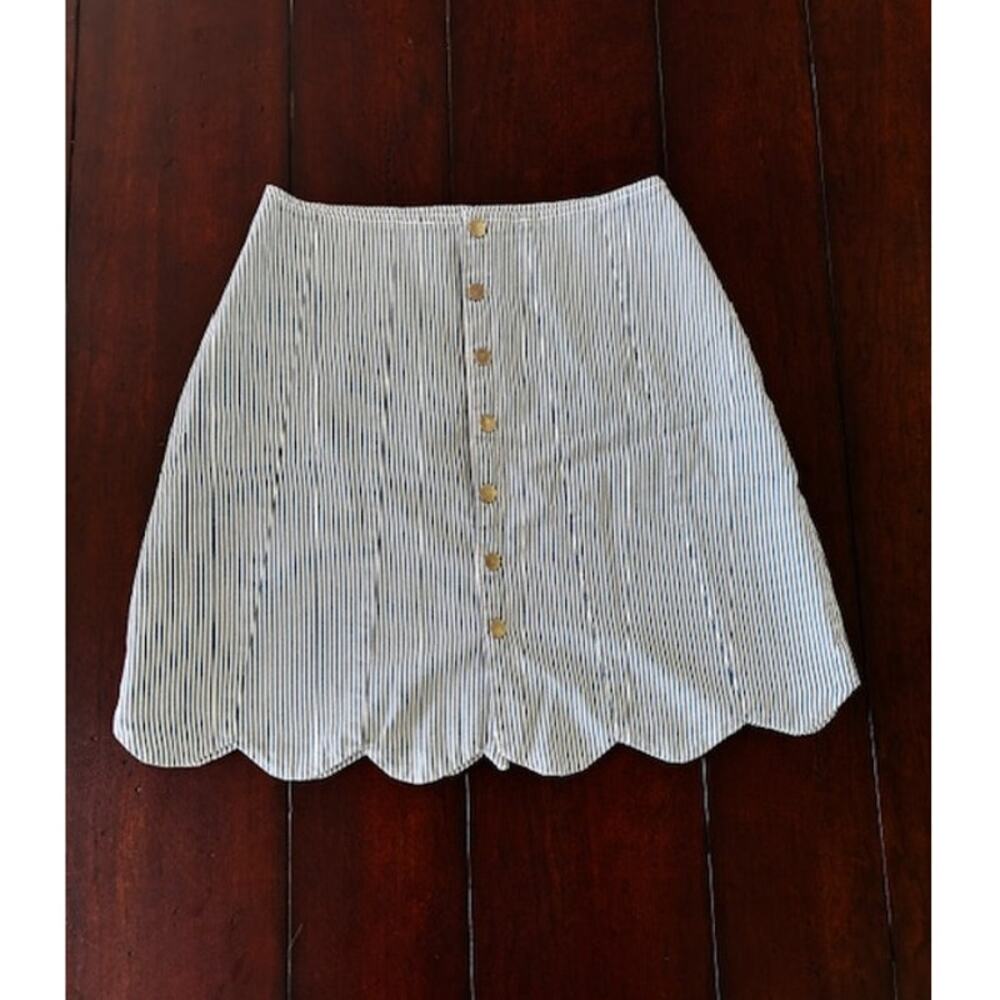 Miami Women’s Medium Blue White Railroad Stripe Button Front Skirt Scalloped Hem
